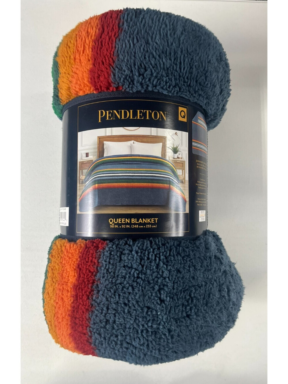 Pendleton Sherpa Fleece Blanket Serape Stripe Blue Queen 98x92 NEW